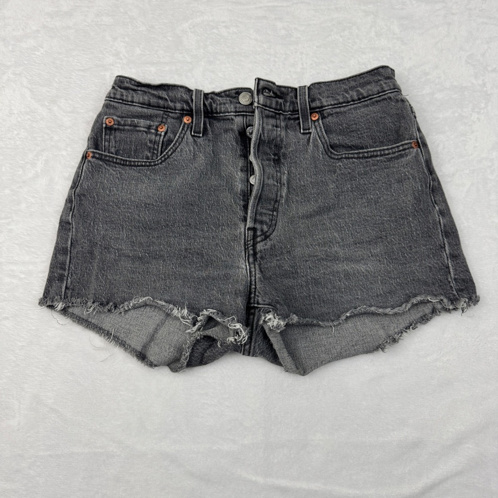 Levis 501 Original High Rise Cutoff Denim Shorts Washed Black Button Fly W28